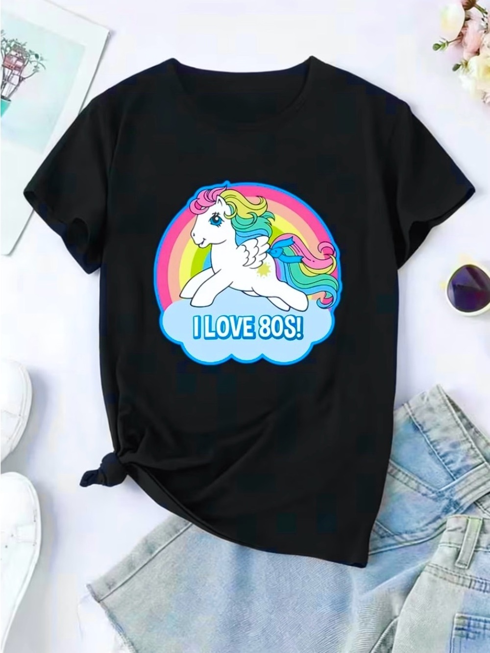 🎀🌷 Black 100% Cotton My Little Pony T Shirt with Rainbow “I love 80s” Design 🌷🎀